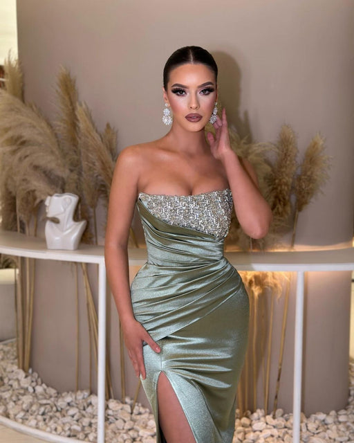 Sage Green Sleeveless Prom Dress with Strapless Pleated Slit