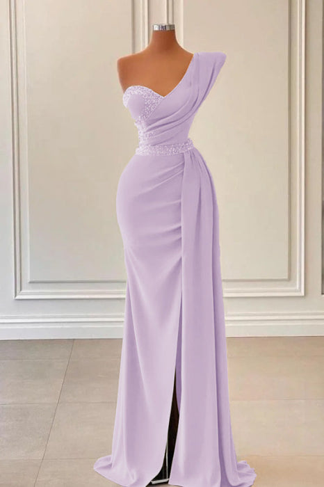 Sage One-Shoulder Mermaid Prom Dress with Beadings and Split