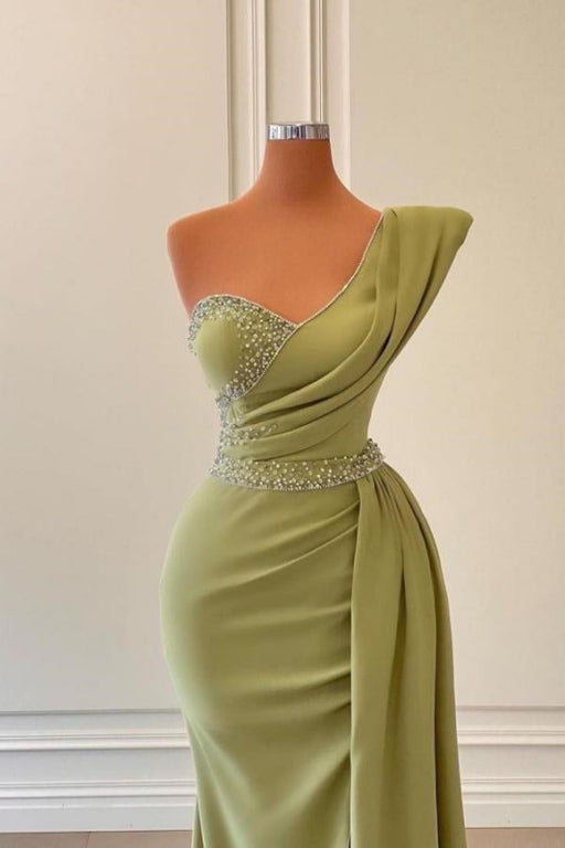 Sage One-Shoulder Split Mermaid Prom Dress With Beadings