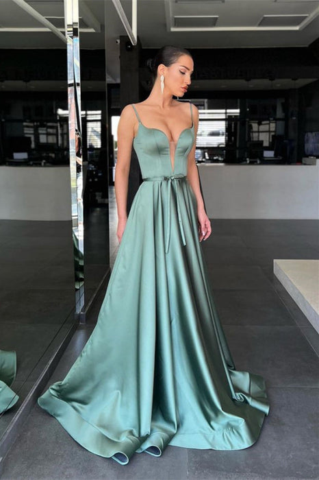 Sage Spaghetti-Strap A-Line Long Prom Dress with Belt