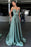 Sage Spaghetti-Strap A-Line Long Prom Dress with Belt