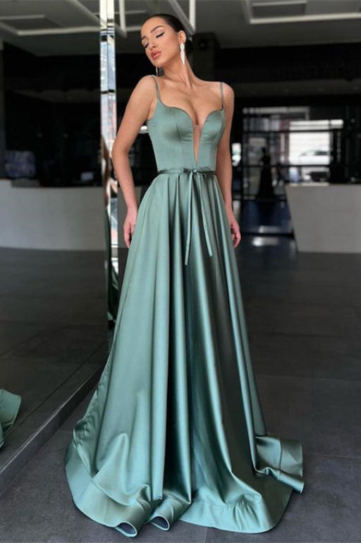 Sage Spaghetti-Strap A-Line Long Prom Dress with Belt