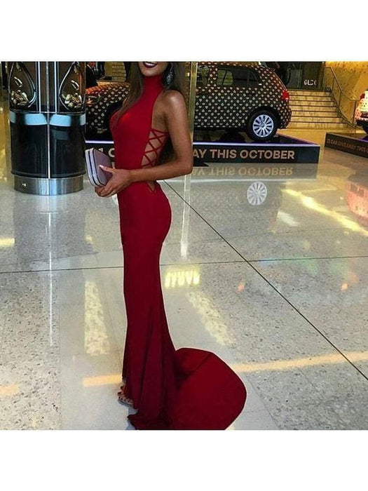 Satin High Neck Sleeveless Sweep/Brush Train With Ruffles Dresses - Prom Dresses