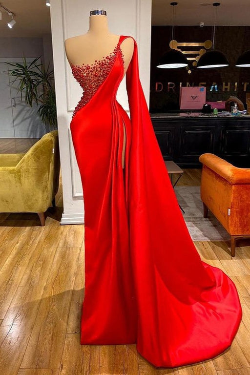 Scarlet Siren Mermaid Prom Gown with Dazzling Beaded Accents and Thigh-High Slit