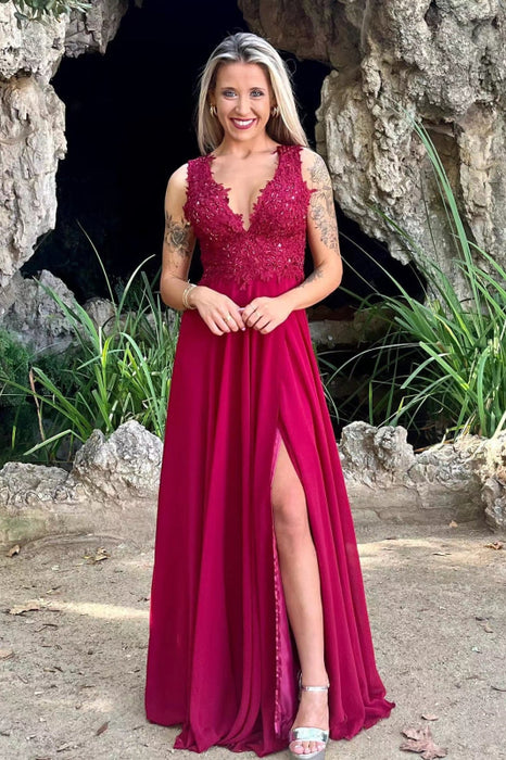 Scarlet V-Neck Gown with Elegant Appliques