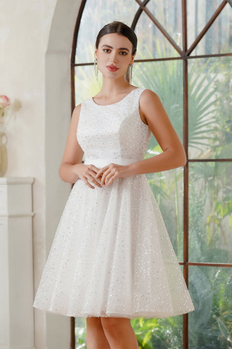 Scoop Neck Sleeveless Ivory Sequins Short Prom Dresses - Prom Dresses