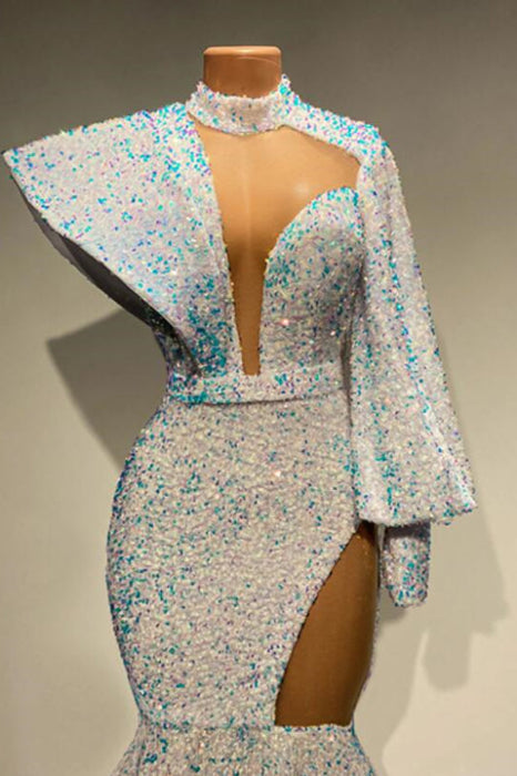 Sequin Embellished High Neck Mermaid Prom Dress with Long Sleeves