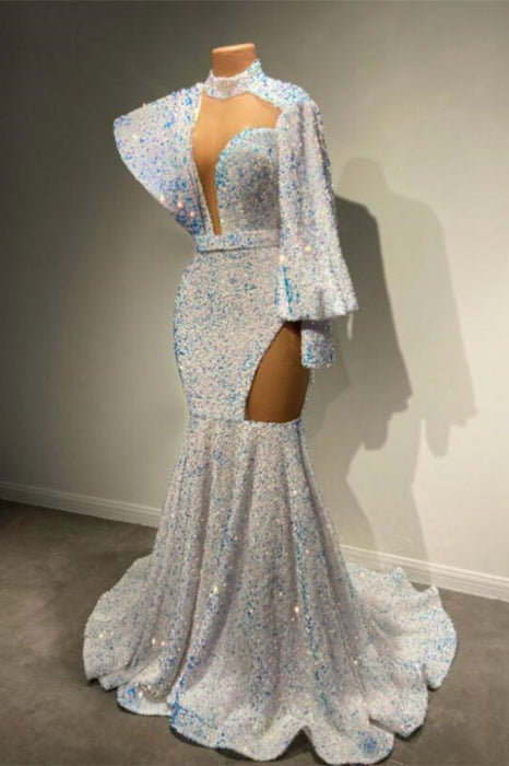 Sequin Embellished High Neck Mermaid Prom Dress with Long Sleeves