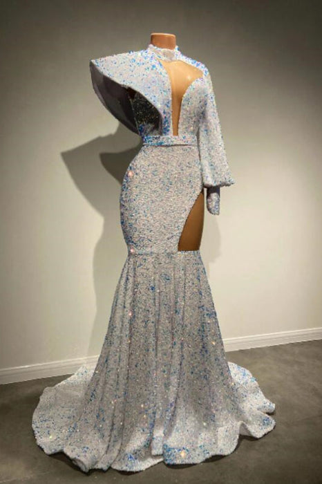 Sequin Embellished High Neck Mermaid Prom Dress with Long Sleeves