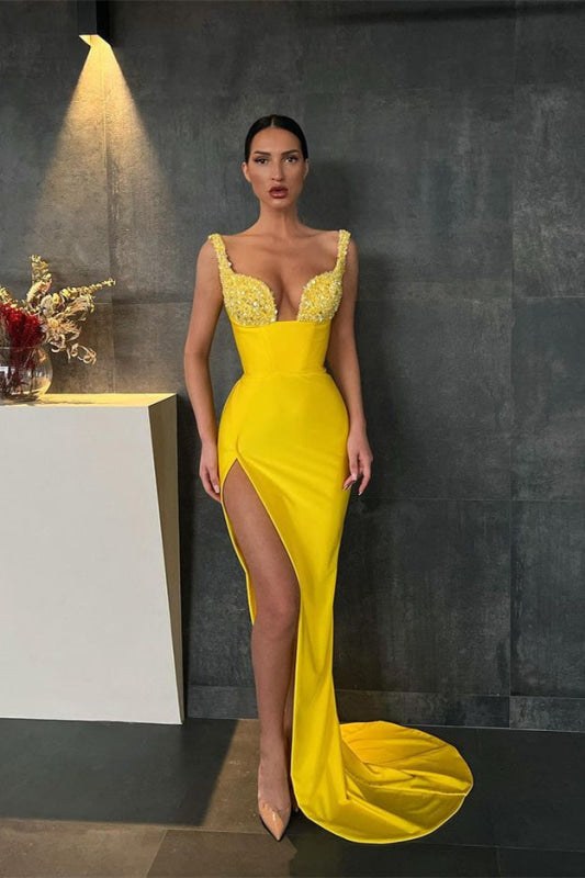 Sequin-Embellished Yellow Mermaid Prom Dress with Slit