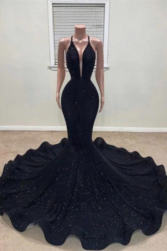 Sequined Black Halter Mermaid Prom Dress