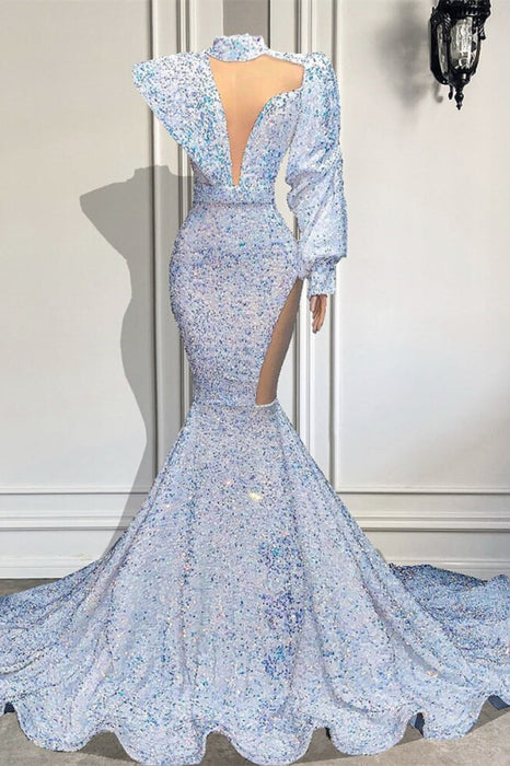 Sequined Mermaid Prom Dress with High Neck and Long Sleeves