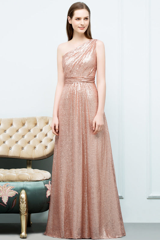 Bridelily Gorgeous Sequined One-shoulder Bridesmaid Dress with Ruffles