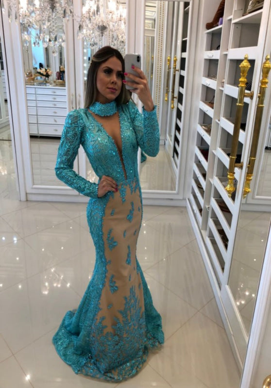 Sequins Mermaid Deep V-Neck Long Sleeves Prom Dress