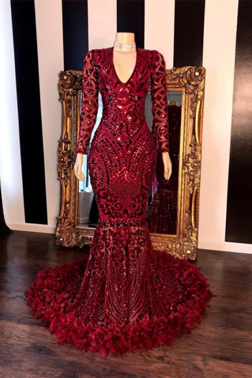 Sequins Mermaid Prom Dress Burgundy Long Sleeves