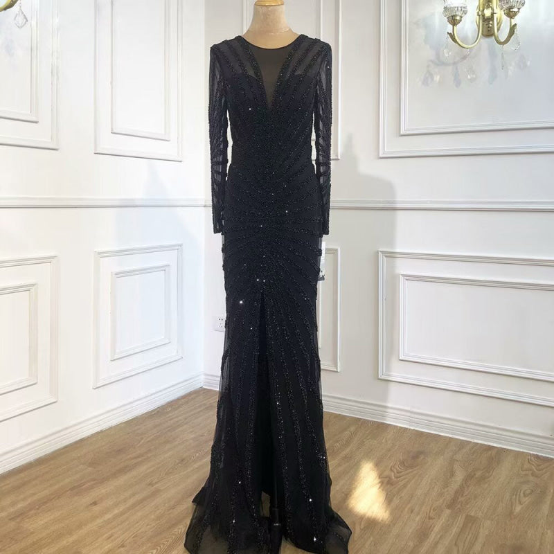 Sexy Black Sequin Prom Dress, Long Sleeve V-Neck High Slit Mermaid