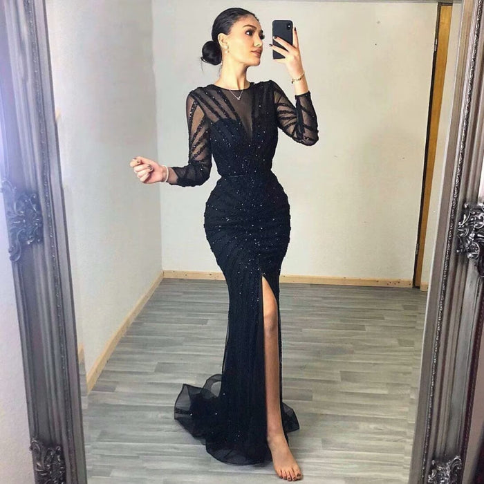 Sexy Black Sequin Prom Dress, Long Sleeve V-Neck High Slit Mermaid