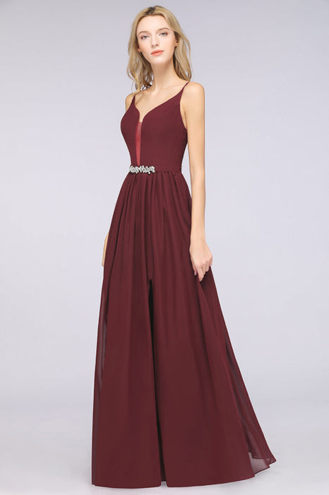 Bridelily Sexy Deep-V-Neck Appliques Burgundy Chiffon Bridesmaid Dress with Slit