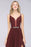 Bridelily Sexy Deep-V-Neck Appliques Burgundy Chiffon Bridesmaid Dress with Slit