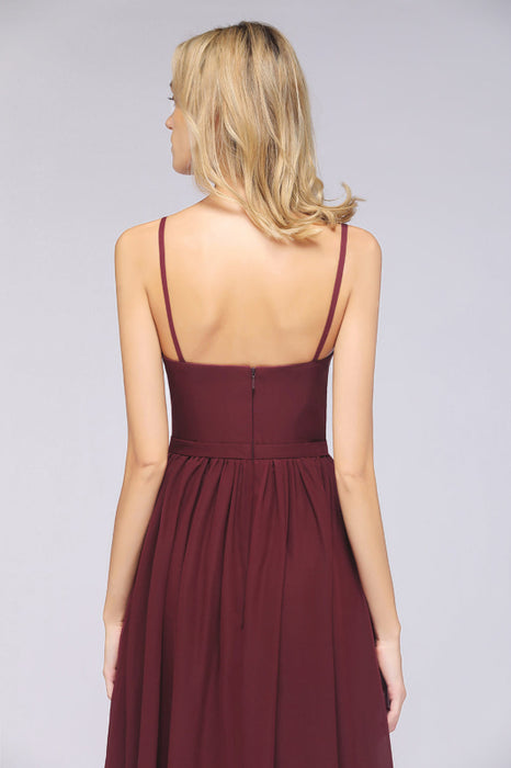 Bridelily Sexy Deep-V-Neck Appliques Burgundy Chiffon Bridesmaid Dress with Slit