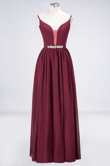 Bridelily Sexy Deep-V-Neck Appliques Burgundy Chiffon Bridesmaid Dress with Slit