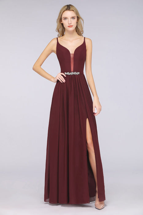 Bridelily Sexy Deep-V-Neck Appliques Burgundy Chiffon Bridesmaid Dress with Slit