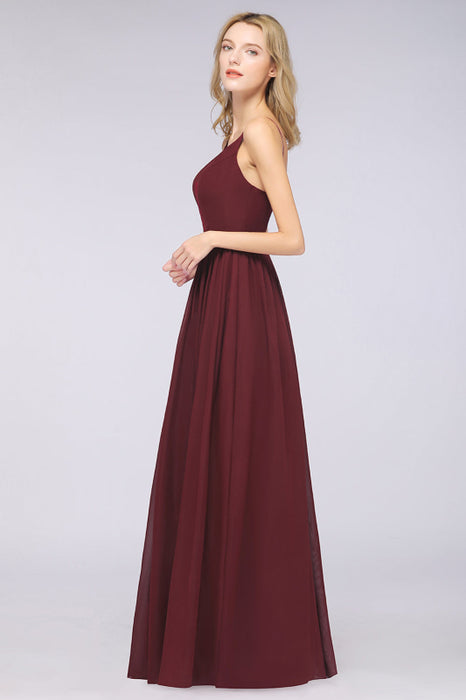 Bridelily Sexy Deep-V-Neck Appliques Burgundy Chiffon Bridesmaid Dress with Slit