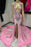 Sexy Pink Feathered V-Neck Prom Dress with Appliques and Slit