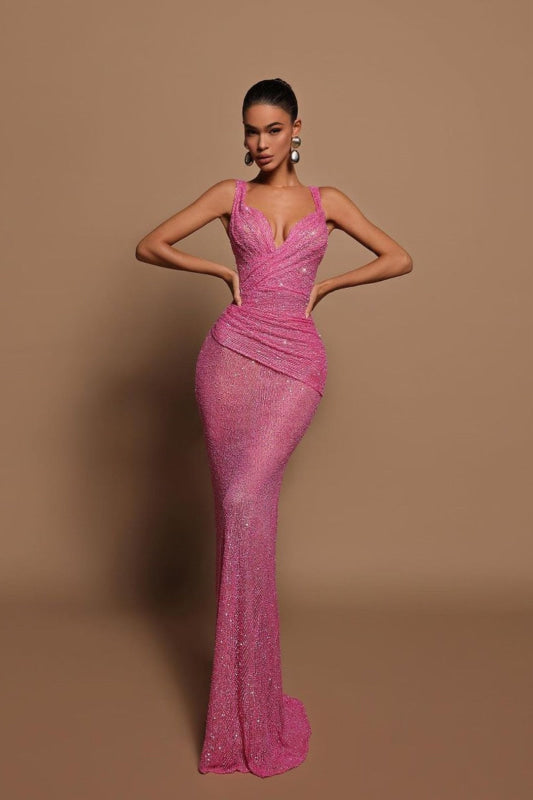 Sexy Pink Sleeveless Prom Dress with V-Neck and Long Sequins