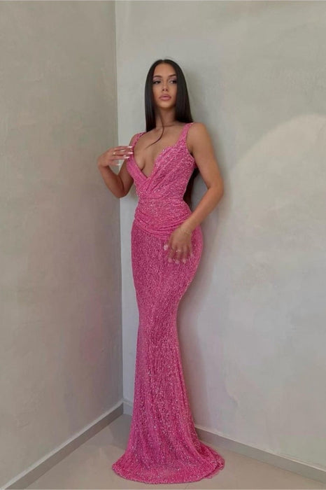 Sexy Pink Sleeveless Prom Dress with V-Neck and Long Sequins