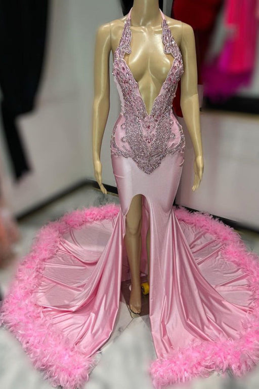 Sexy Pink Sleeveless V-Neck Prom Dress with Appliques and Feather Slit