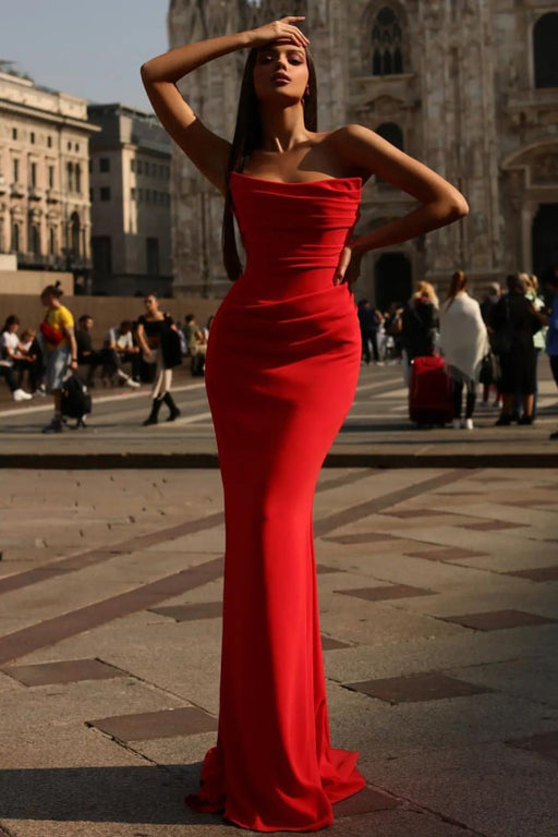 Sexy Red Charmeuse Sleeveless Pleated Mermaid Prom Dress