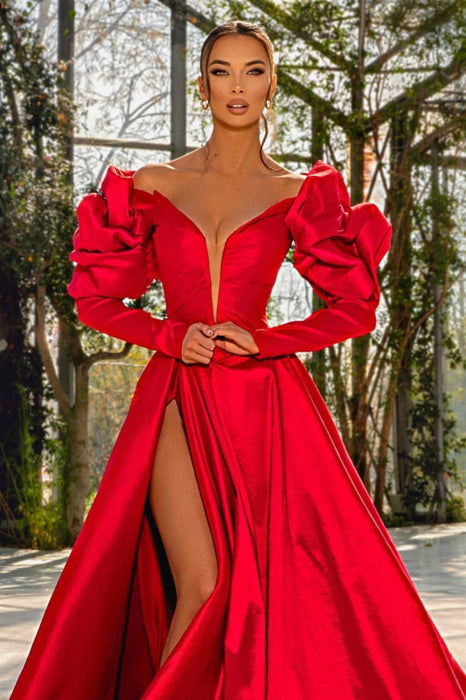 Sexy Red V Neck Bubble Sleeves Prom Dress with Slit