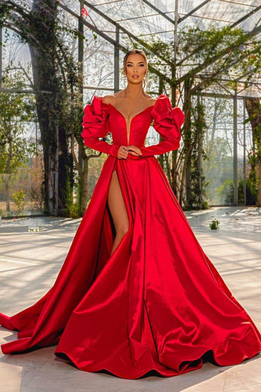 Sexy Red V Neck Bubble Sleeves Prom Dress with Slit