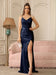 Sexy V-Neck Glitter Sequin Floor Length Dress with Slit-koscy