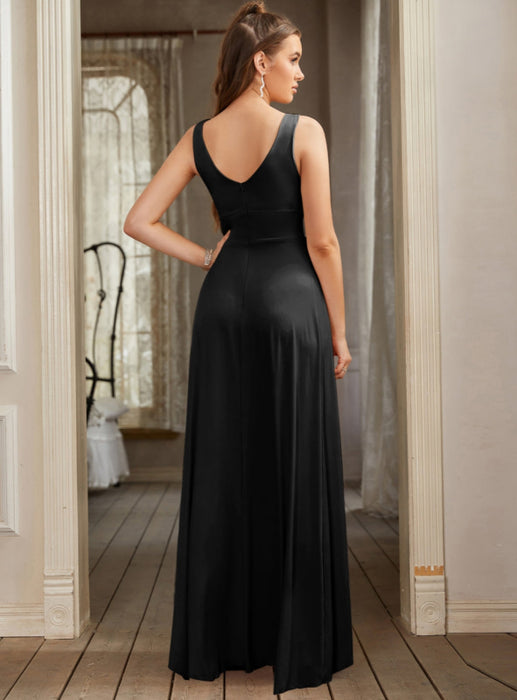 Sexy V-Neck Sleeveless Floor Length Dress with Slit-koscy