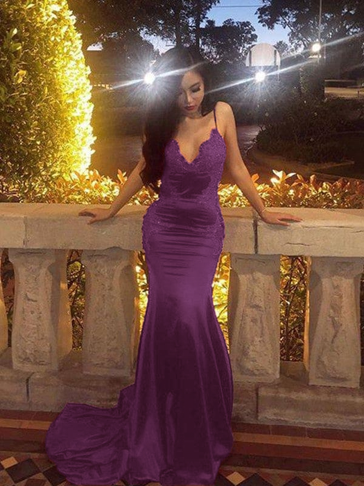 Sheath/Column Sleeveless Spaghetti Straps Sweep/Brush Train Applique Satin Dresses - Prom Dresses