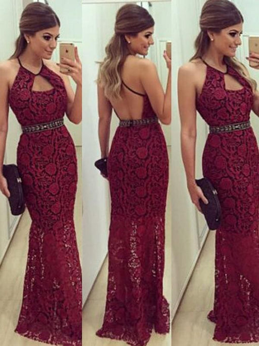 Sheath Lace Halter Sleeveless Floor-Length With Beading Dresses - Prom Dresses