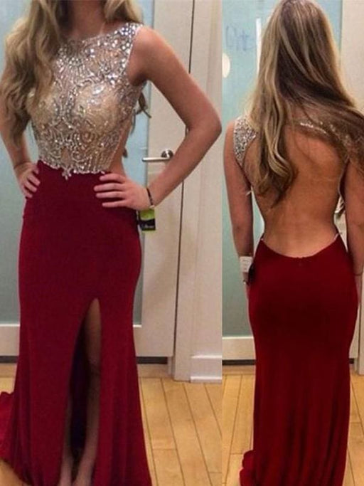Sheath Spandex Scoop Sleeveless Sweep/Brush Train With Beading Dresses - Prom Dresses