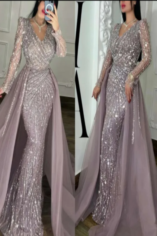 Shining Long Sleeves V-Neck Mermaid Beaded Prom Dress