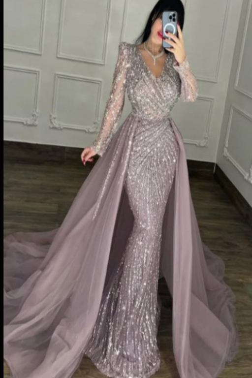 Shining Long Sleeves V-Neck Mermaid Beaded Prom Dress