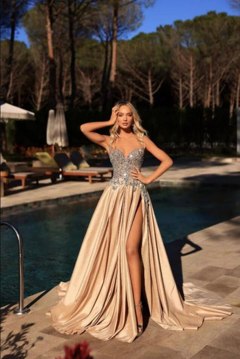 Shining Sweetheart Beaded Side-Slit A-Line Ruched Satin Prom Dress