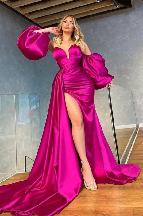 Shiny V-Neck Evening Prom Dress with Detachable Sleeves, Ruffles, and Split