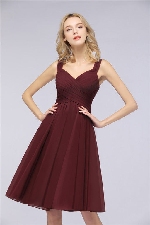 Bridelily Elegant Ruffle Straps Short Burgundy Bridesmaid Dresses Online