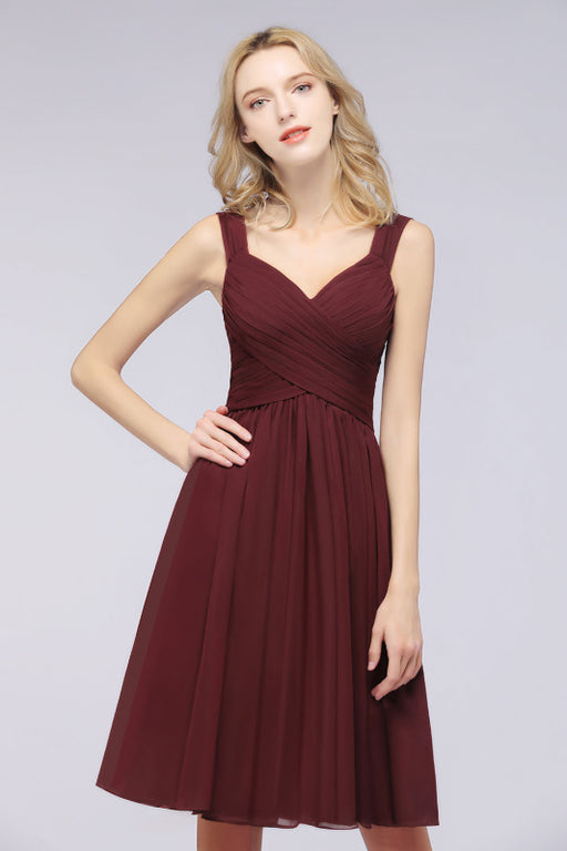 Bridelily Elegant Ruffle Straps Short Burgundy Bridesmaid Dresses Online