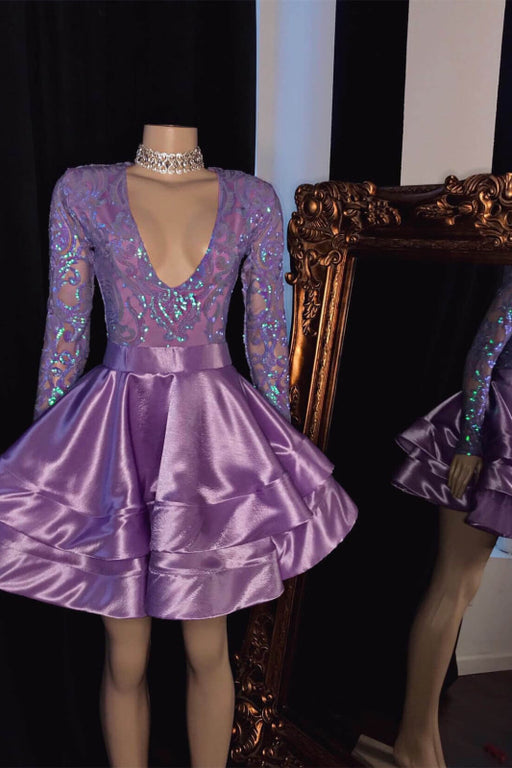 Short Purple Long Sleeve V-Neck Prom Dress with Appliques