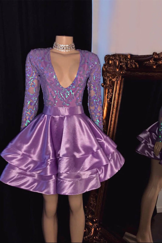 Short Purple Long Sleeve V-Neck Prom Dress with Appliques