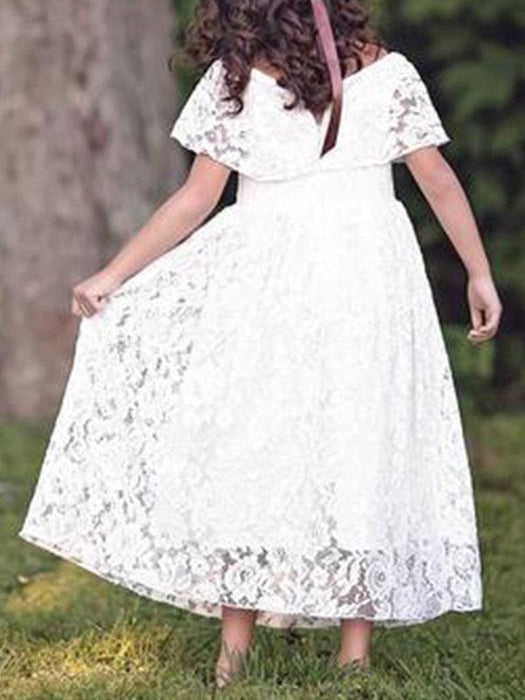 Flower Girl Dresses Jewel Neck Lace Short Sleeves Ankle Length A Line Pleated Formal Kids Pageant Dresses