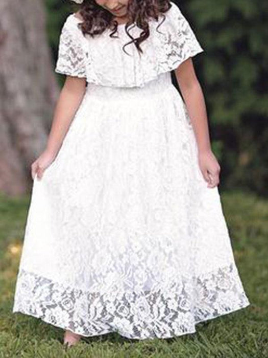 Flower Girl Dresses Jewel Neck Lace Short Sleeves Ankle Length A Line Pleated Formal Kids Pageant Dresses