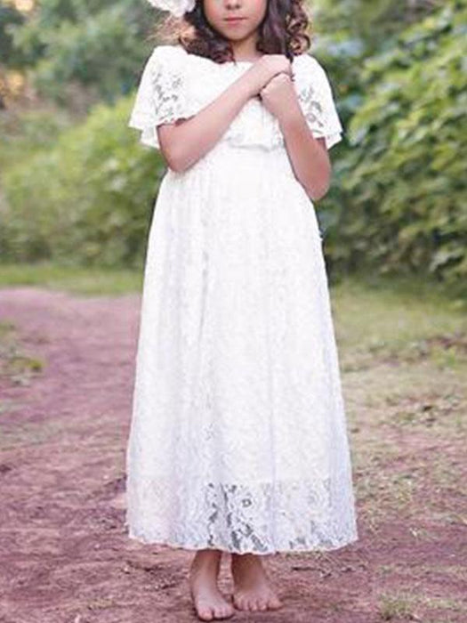 Flower Girl Dresses Jewel Neck Lace Short Sleeves Ankle Length A Line Pleated Formal Kids Pageant Dresses